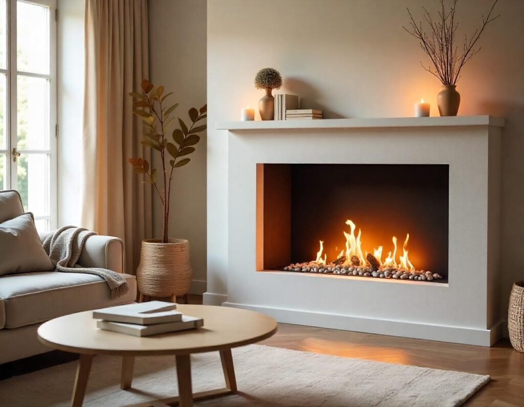 Smokeless Ethanol Fireplace, Ethanol Fireplace with Mantel, Modern Fireplace Design, Eco-Friendly Fireplace, Ventless Fireplace, EOS Fireplace
