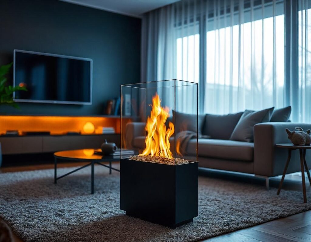 Ventless Free-Standing Bio-Ethanol Fireplace, Free-standing bio-ethanol fireplace, EOS Fire bio-ethanol fireplace, Eco-friendly Heating, Modern ventless fireplace